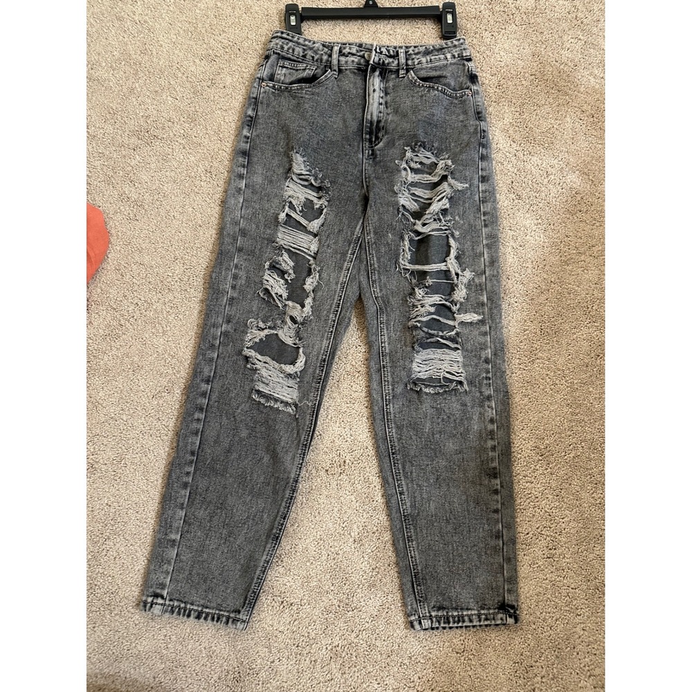 Womens Grey‎ Acid Wash Distressed Ripped High Waisted Straight Leg Jeans Size XS